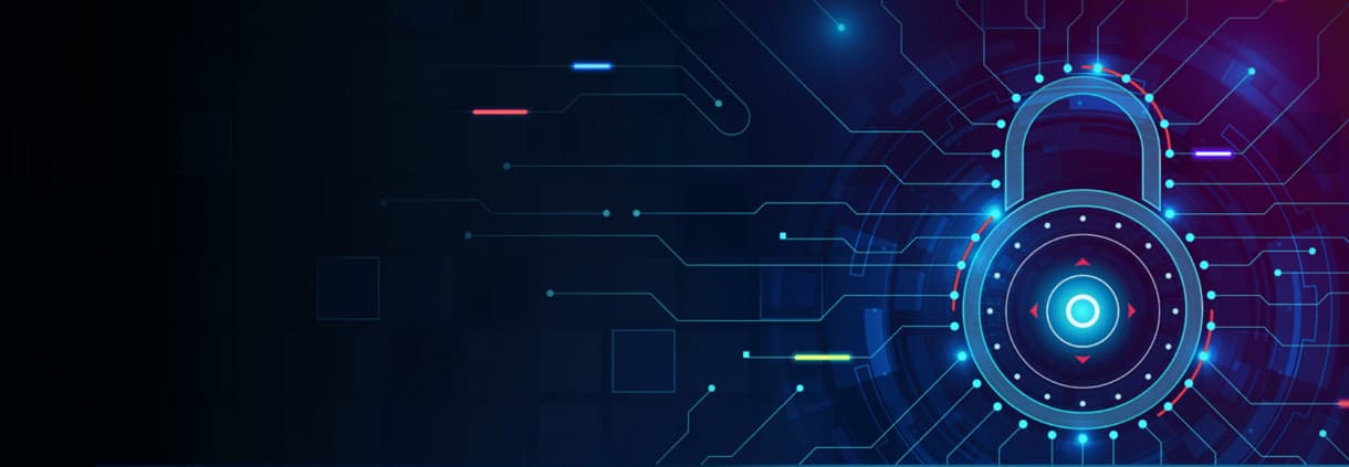 Cybersecurity visualization with digital lock and circuit patterns